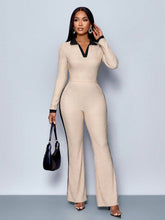 SOLERSUN Women's Casual Color Block Polo Collar Long Sleeve T-Shirt & Flared Pants Women's 2pcs Set